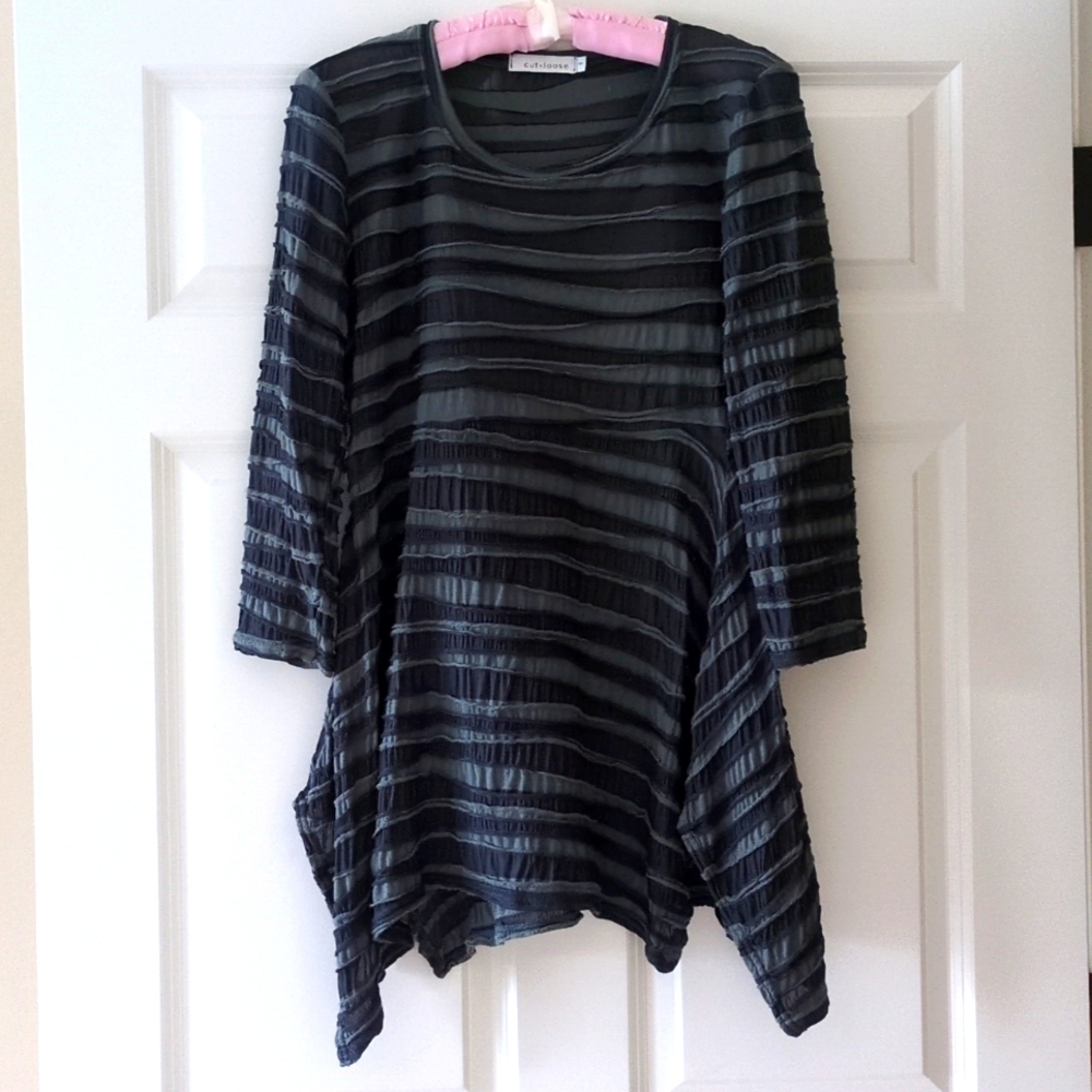 cut loose tunic top asymmetrical hem textural mesh stripes sleeves artsy…